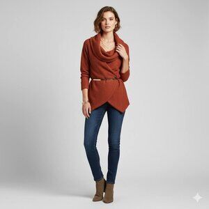 Sigrid Olsen Knit Wrap Sweater Draped Cowl Neckline SMALL Rust Brown Wool Blend